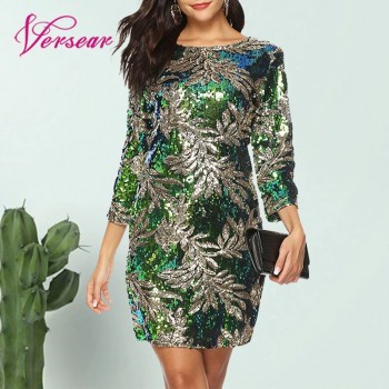 Women Bodycon Dress Sequined Glitter Bling 3/4 Sleeves O Neck Evening Party Casual Mini Dress Elegant